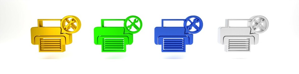 Poster - Colorful Printer with screwdriver and wrench icon isolated on white background. Adjusting, service, setting, maintenance, repair, fixing. Minimalism concept. 3D render illustration