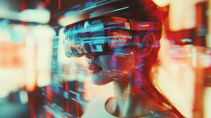 Poster - Girl in hi-tech VR glasses with elements of artificial intelligence. Background in a high-tech style. Shining lines and patterns resembling neural networks, connections, and digital circuits.