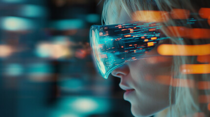 Poster - Girl in hi-tech VR glasses with elements of artificial intelligence. Background in a high-tech style. Shining lines and patterns resembling neural networks, connections, and digital circuits.