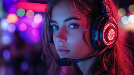 Aufkleber - a young woman wearing a gaming headset concentrates on her gameplay in a lively, neon-lit gaming ven