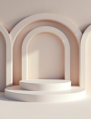 Poster - A 3D rendered podium with arches stands behind a product display area.