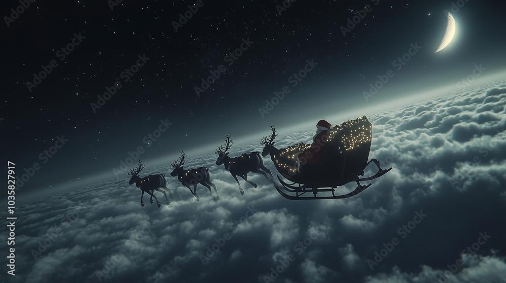 Santa Claus flying through the night sky in a magical sleigh pulled by ...