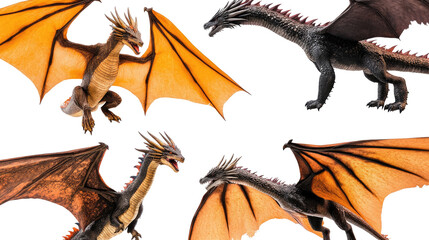 Poster - Set of Detailed Dragon Figures Isolated on a Transparent Background Generative AI