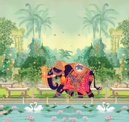 Mughal decorative garden with elephant and peacock wedding invitation frame illustration