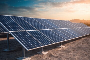 Solar panels installed on field, against sunset sky and mountains.