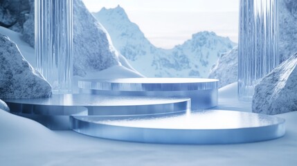 Fototapete - The tranquil winter landscape features smooth, ice-covered platforms arranged in a tiered formation, surrounded by snow and towering mountains. The scene is illuminated by soft, natural light.