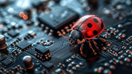 Aufkleber - A ladybug sits on a circuit board, symbolizing the fragility of technology.