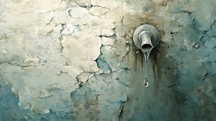 Poster - Dripping faucet illustration with a textured backdrop, the droplet mid-fall reflecting light and environmental care