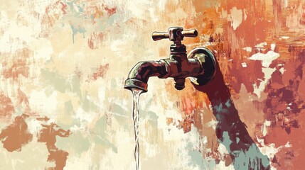 Poster - Dripping faucet illustration with a textured backdrop, the droplet mid-fall reflecting light and environmental care