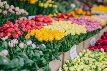 A vibrant market stall is filled with a wide array of colorful flowers, showcasing diversity and life.