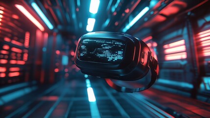 Poster - Floating VR headset in the middle of a shadowy space, with streaks of dramatic lighting casting reflections on its surface