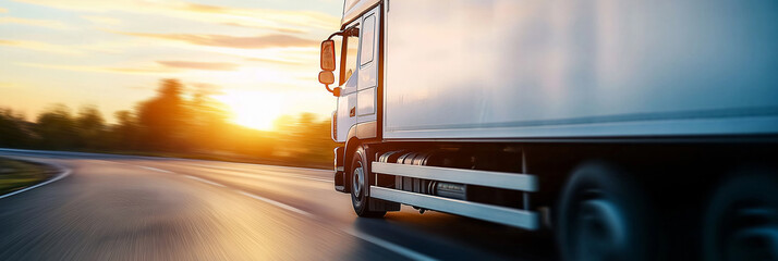 A truck speeds down a highway at sunset, its metallic surface reflecting the golden glow of the setting sun.