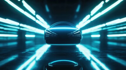 Poster - Floating VR headset in the middle of a shadowy space, with streaks of dramatic lighting casting reflections on its surface