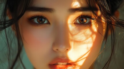 striking portrait of an asian beauty showcasing intricate facial features radiant skin and captivating eyes brought to life through an artistic blend of light and shadow