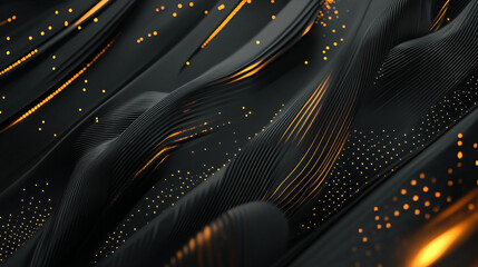 Abstract Black and Gold 3D Wavy Lines Pattern with Glowing Dots