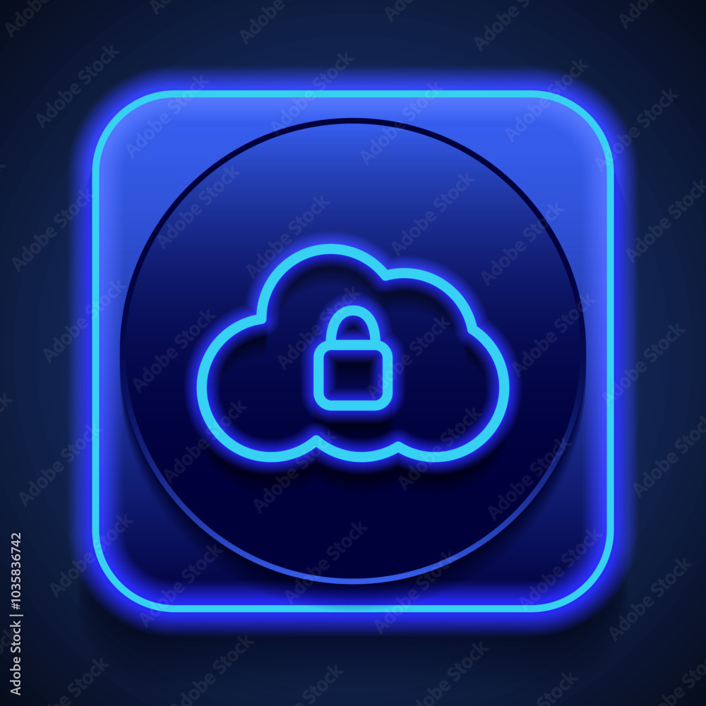 Lock, cloud simple icon vector. Flat design. Blue neon style on button. With shadow