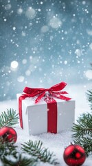 Poster - Elegant Christmas gift box with red ribbon amidst snowflakes. Perfect for seasonal marketing needs.