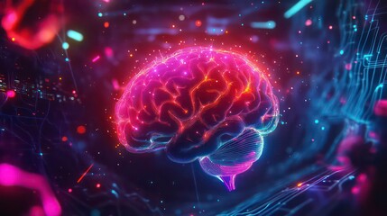 Poster - A glowing human brain, depicted in vivid neon pink and orange colors, sits against a dark blue background of swirling lines and dots.