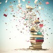 A stack of books exploding into colorful pages and confetti.