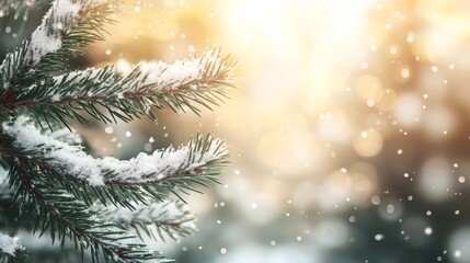 Poster - Snow-covered pine branches against a golden bokeh background. Festive scene perfect for holiday cards.