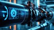 ©  Green Creator - Hydraulic pumps in operation at a treatment plant, futuristic computer overlay showing flood risk and water flow data