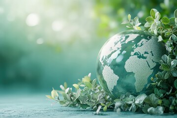  Globe surrounded by lush green plants, symbolizing global environmental sustainability, conservation, and Earth's natural ecosystems. Represents unity in preserving the planet.