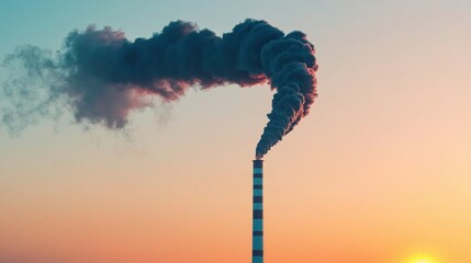 Industrial smoke billowing from a chimney against a colorful sunset sky.