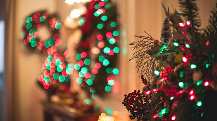 colorful christmas lights with festive garlands indoors