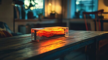 Poster - Vibrant cables glowing inside a transparent box on an aged wood table, with gentle lighting in a dim space