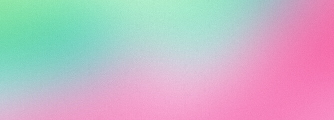 Wall Mural - Abstract noisy gradient background in green and pink colors. Color palette, colorful pattern with a soft noise effect. Holographic blurred grainy gradient banner texture