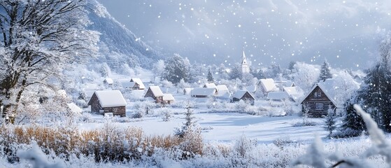 Poster - Winter Landscape with Snowy Village and Mountains