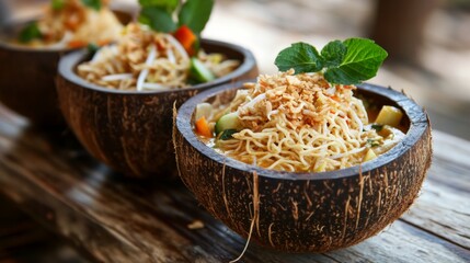 Wall Mural - Fresh Coconut Bowls with Noodles and Vegetables