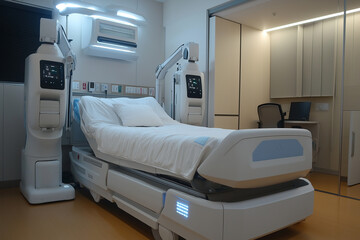 In the modern ward, there are digital display screens and two robotic arms