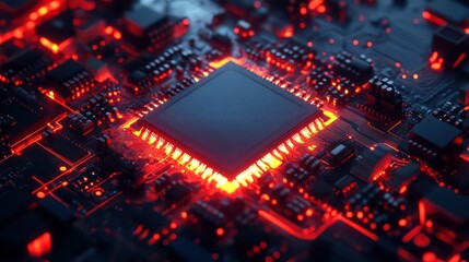 Aufkleber - Closeup of a glowing red CPU processor on a circuit board.