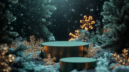 Snowflakes gently fall in a tranquil forest, where two circular pedestals are surrounded by shimmering decorations and evergreen trees. The warm glow creates a cozy, enchanting atmosphere.