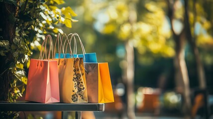 Colorful shopping bags on a table with a blurred background of green foliage.