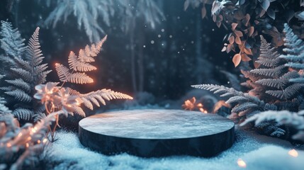 Leinwandbilder - A tranquil winter scene features a circular stone platform surrounded by delicate ferns and softly glowing lights. Snow blankets the ground, creating a peaceful atmosphere in the forest at dusk.