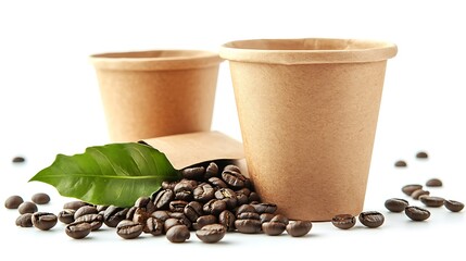 Two brown paper coffee cups with a green leaf and scattered coffee beans on a white background.