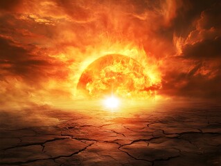 Poster - Fiery Sunset Over Cracked Earth Landscape