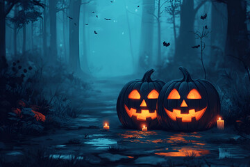 Two glowing jack-o'-lanterns sit on a damp pathway in a misty forest, surrounded by candles and a spooky atmosphere evoking Halloween.