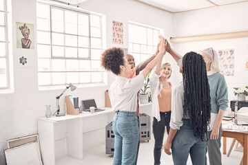 Poster - Teamwork, high five or people in studio for creativity, collaboration or positive reinforcement. Fashion designer group, hand gesture or happy in office for exciting project, support or agency growth