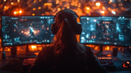 Poster - A person engages in intense gaming on two monitors, surrounded by a warm glow from LED lights. The atmosphere is energetic and immersive, capturing the excitement of late-night gaming sessions.