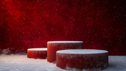 Aufkleber - Three snow-covered circular platforms stand on a snowy ground, set against a vibrant red background, evoking a festive winter atmosphere. The setting suggests a celebration or event.