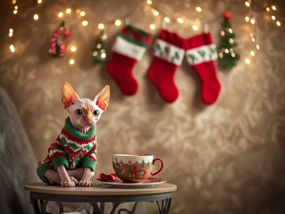 A Sphynx kitten in a Christmas sweater sits beside a cup of hot chocolate on a small table. Christmas socks hang above, and the scene is lit softly, creating a peaceful, minimal Holy Night atmosphere