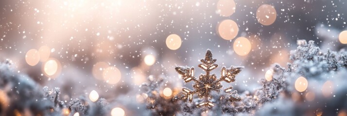 Poster - Close-up of glittery snowflake ornament surrounded by festive bokeh lights. Warm golden tones create a dreamy Christmas and New Year atmosphere.