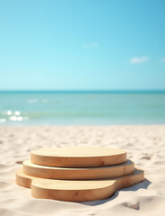 Poster - A wooden product display podium stands on a sunny beach with soft sand and clear blue skies.