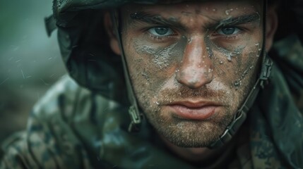 Soldier with intense expression, camouflage, dirt on face, focused gaze.