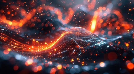 Vibrant abstract waves of light in red and blue with bokeh effect, dark background.