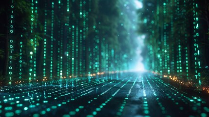 Numerical continuous code in green color, abstract web data in binary code.
