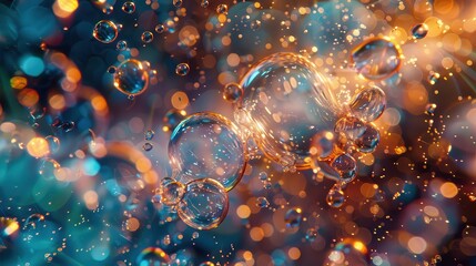 Bubbles floating in colorful abstract background with light reflections.